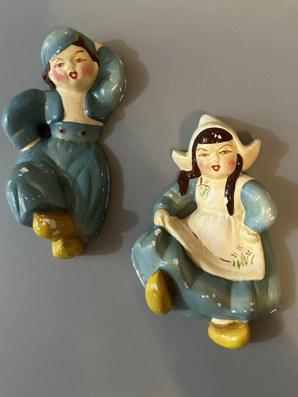 Vintage Ceramic Dutch Girl Wall Plaques in Blue with Yellow Shoes